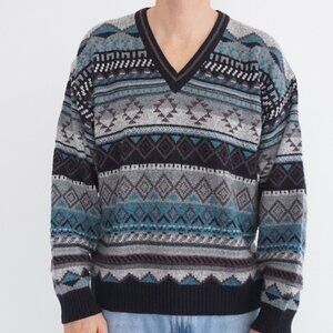 Jolio Collections Grey Teal Geometric V Neck Knit Sweater Acrylic Blend Medium